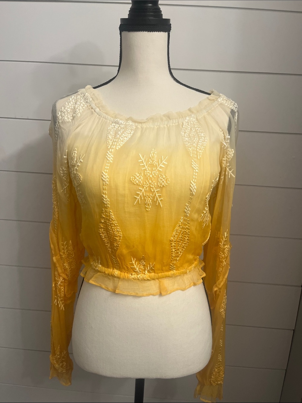 Ramy Brook Ombre Sheer Embroidered Peasant Top - Yellow Cream